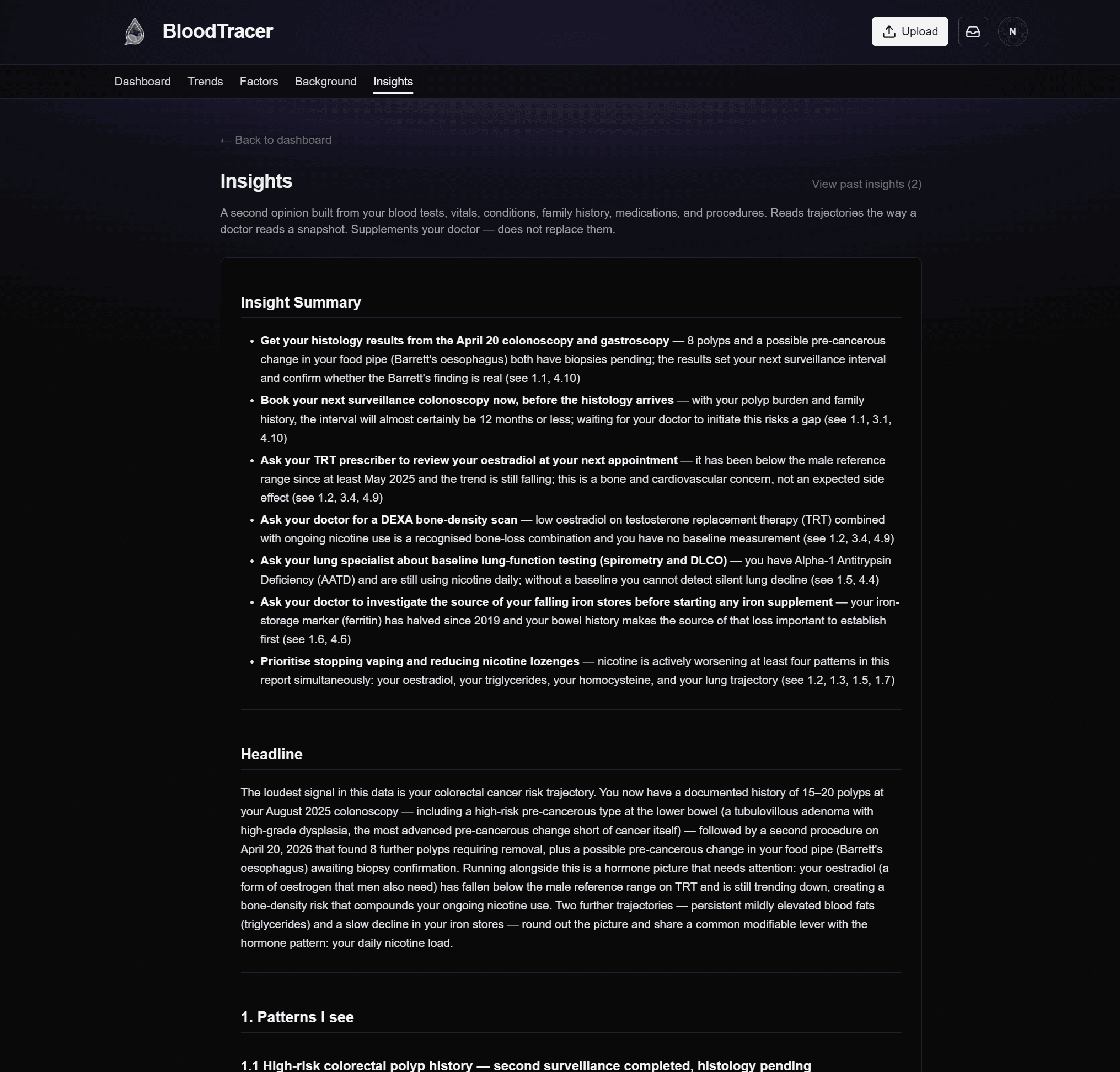 Insights report with a top-of-page summary followed by numbered pattern sections, written as a plain-English narrative.